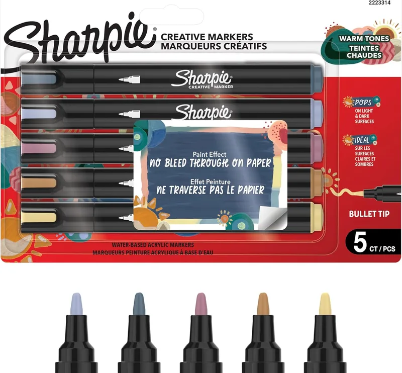 Sharpie ▫️ Marcadores acrílicos criativos com ponta redonda à base de água | Escrevem na maioria das superfícies | Materiais para artes e trabalhos manuais | Tons quentes | 5 unidades
