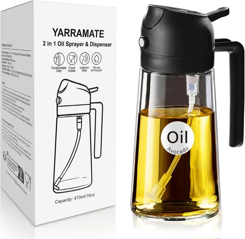 YARRAMATE ▫️ Pulverizador de óleo para cozinhar, garrafa dispensadora de azeite 2 em 1 para a cozinha, garrafa de azeite em vidro de 16 oz/470 ml para fritadeira de ar quente e churrasco (preto obsidiana)