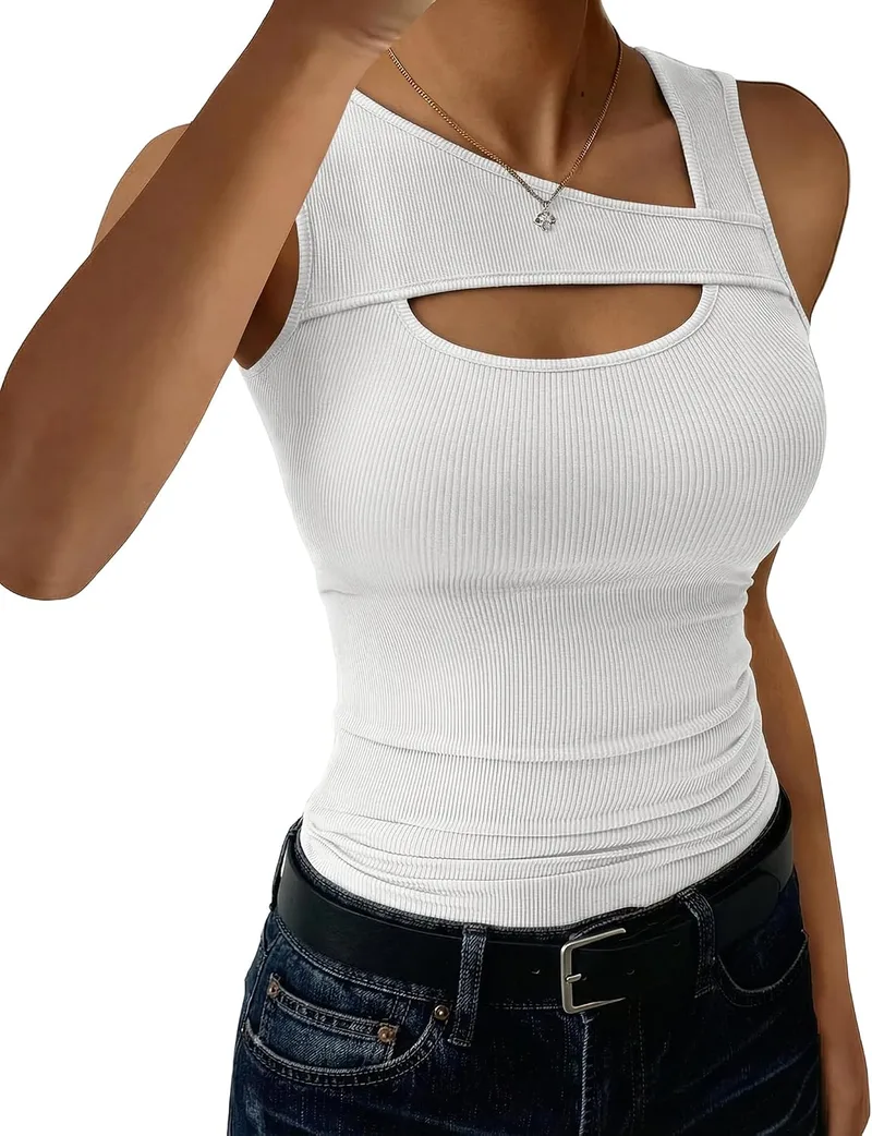 Aottori ▫️ Top de alças para mulher, para o verão, canelado, elástico, corte justo