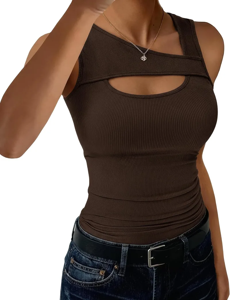 Aottori ▫️ Camisolas sem mangas para mulher de verão, camisola básica para mulher, colete canelado para mulher, camisola com decote elegante, lisa, justa, elástica, sexy, top tipo túnica