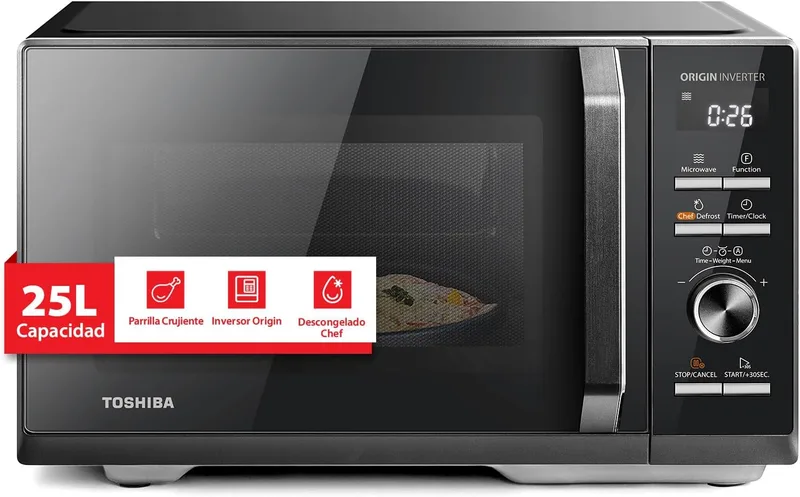 Toshiba ▫️ Micro-ondas digital com grelha, 25 L, inversor de 900 W, 10 níveis de potência, controlo preciso, aquecimento uniforme, elegante em preto MW3-AG25PFI(BK)