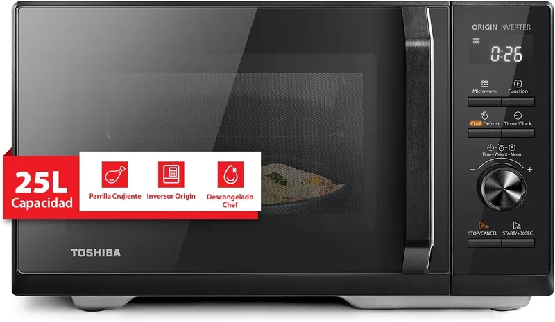 Toshiba ▫️ Micro-ondas digital com grelha, 25 L, inversor de 900 W, 10 níveis de potência, controlo preciso, aquecimento uniforme, preto elegante MW3-AG25PFI(BK)