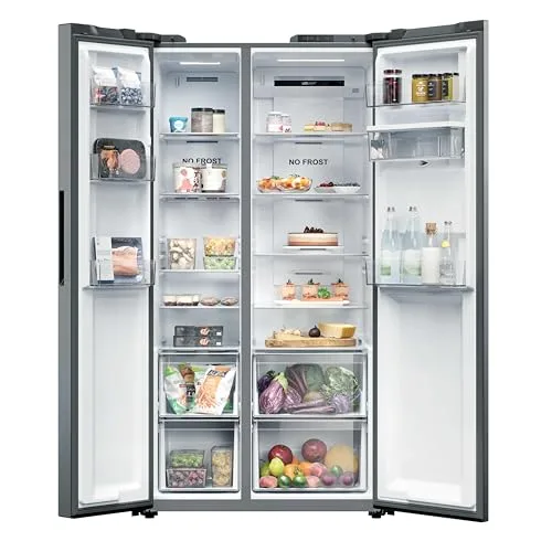 CANDY ▫️ CNSQ2T918EWX, Frigorífico Side by Side, Largura 91 cm, Capacidade 523 L, Motor Inverter, No Frost total, Dispensador de água, 2 gavetas para legumes, controlo digital interno, iluminação LED, 37 dB, aço inoxidável 4