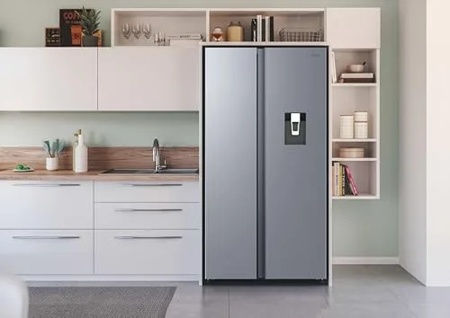 CANDY ▫️ CNSQ2T918EWX, Frigorífico Side by Side, Largura 91 cm, Capacidade 523 L, Motor Inverter, No Frost total, Dispensador de água, 2 gavetas para legumes, controlo digital interno, iluminação LED, 37 dB, aço inoxidável 5