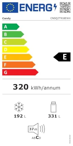 CANDY ▫️ CNSQ2T918EWX, Frigorífico Side by Side, Largura 91 cm, Capacidade 523 L, Motor Inverter, No Frost total, Dispensador de água, 2 gavetas para legumes, controlo digital interno, iluminação LED, 37 dB, aço inoxidável 7