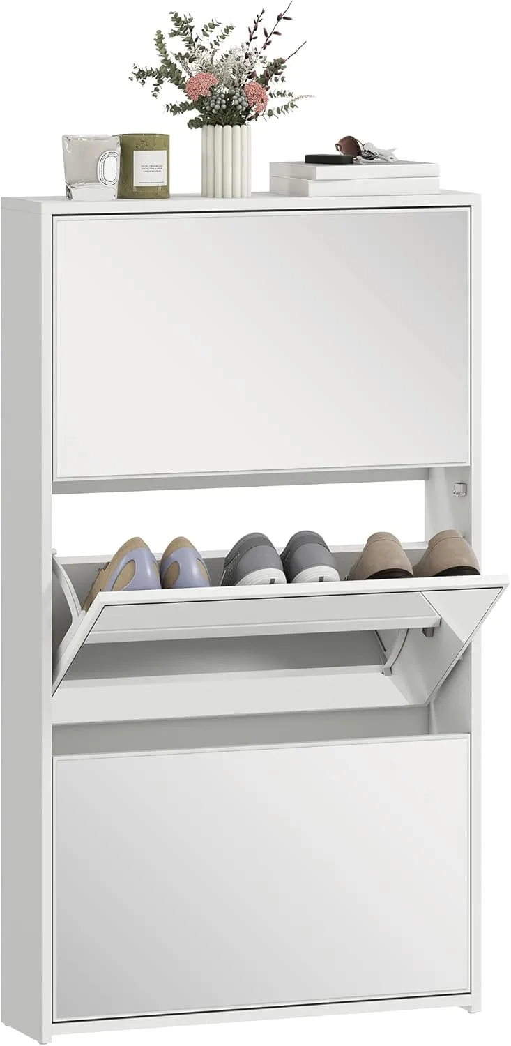 HOMCOM ▫️ Sapateira 3 Portas com Espelho, Sapateira Hall de Entrada, para 9 Pares de Sapatos, para Corredor, Espaços Pequenos, 65x17x114,5 cm, Branco