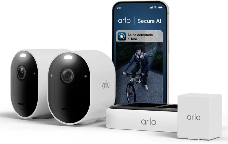 Arlo Pro 6, câmara de vigilância exterior WiFi 2K+ HDR, reconhecimento de IA, visão nocturna a cores, funciona com Alexa, teste seguro Arlo incluído, 2 câmaras + 1 bateria extra e carregador duplo
