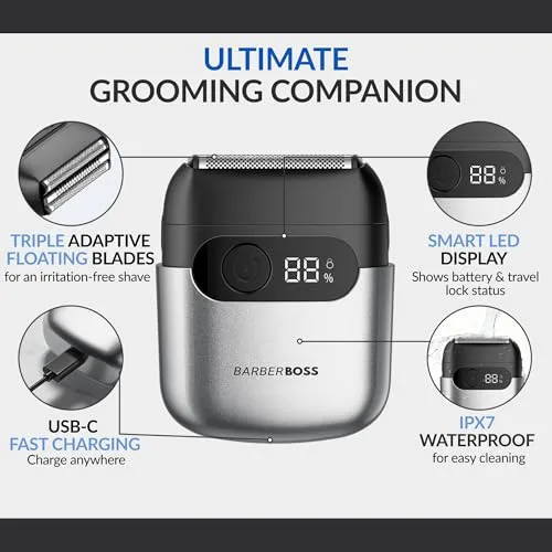 BARBERBOSS ▫️ Máquina de barbear com lâminas para homem, Máquina de barbear elétrica compacta, Lâminas flutuantes em aço inoxidável, Máquina de barbear elétrica compacta para homem, QR-2752 (Cinza metálico) 2