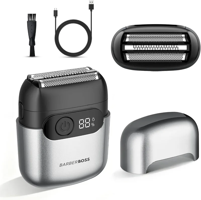 BARBERBOSS ▫️ Máquina de barbear com lâminas para homem, Máquina de barbear elétrica compacta, Lâminas flutuantes em aço inoxidável, Máquina de barbear elétrica compacta para homem, QR-2752 (Cinza metálico)