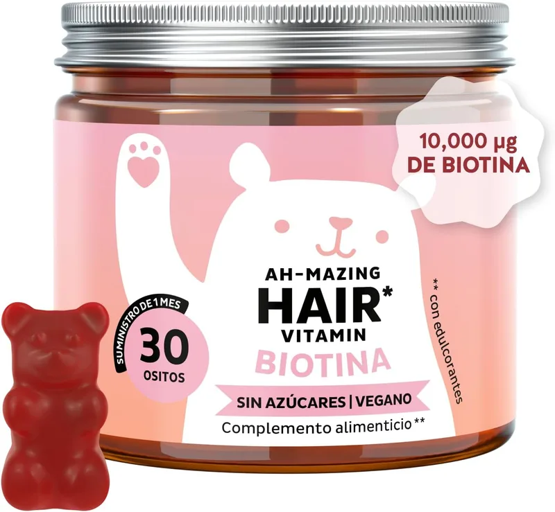 Bears with Benefits ▫️ Biotin Ah-mazing Hair Vitamin Gummies - Para cabelo, unhas e pele - 10.000 µg de Biotina, Zinco, Vitaminas B6, C, E e Iodo - 30 unidades (1 mês), Vegan, Sem Açúcar, Ursos com Benefícios