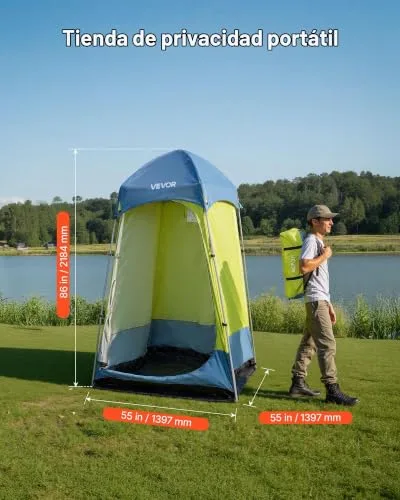 VEVOR ▫️ Tenda de Campismo de 1 quarto, com duche e casa de banho, estacas, cordas, saco de transporte e poste de aço, tecido Oxford 200D, para campismo, praia e pesca, verde, 1397 x 1397 x 2184 mm 2