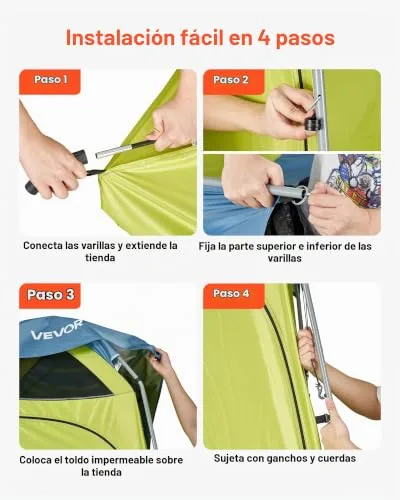VEVOR ▫️ Tenda de Campismo de 1 quarto, com duche e casa de banho, estacas, cordas, saco de transporte e poste de aço, tecido Oxford 200D, para campismo, praia e pesca, verde, 1397 x 1397 x 2184 mm 5