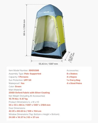 VEVOR ▫️ Tenda de Campismo de 1 quarto, com duche e casa de banho, estacas, cordas, saco de transporte e poste de aço, tecido Oxford 200D, para campismo, praia e pesca, verde, 1397 x 1397 x 2184 mm 7