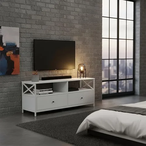Relaxdays ▫️ Móvel para TV com 2 compartimentos e 2 gavetas, para televisores até 55", 50 x 120 x 40 cm, Branco 2
