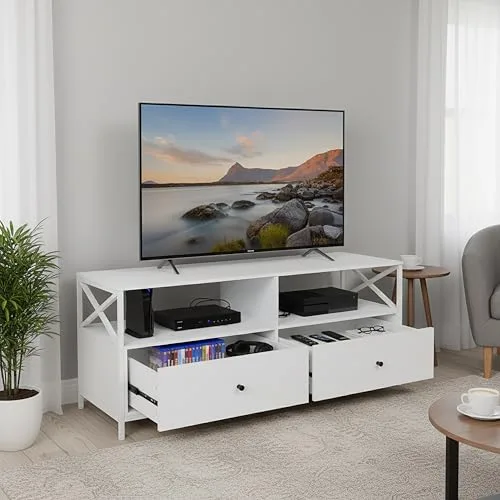 Relaxdays ▫️ Móvel para TV com 2 compartimentos e 2 gavetas, para televisores até 55", 50 x 120 x 40 cm, Branco 3