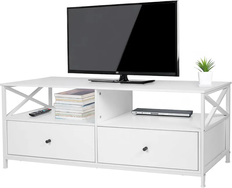 Relaxdays ▫️ Móvel para TV com 2 compartimentos e 2 gavetas, para televisores até 55", 50 x 120 x 40 cm, Branco