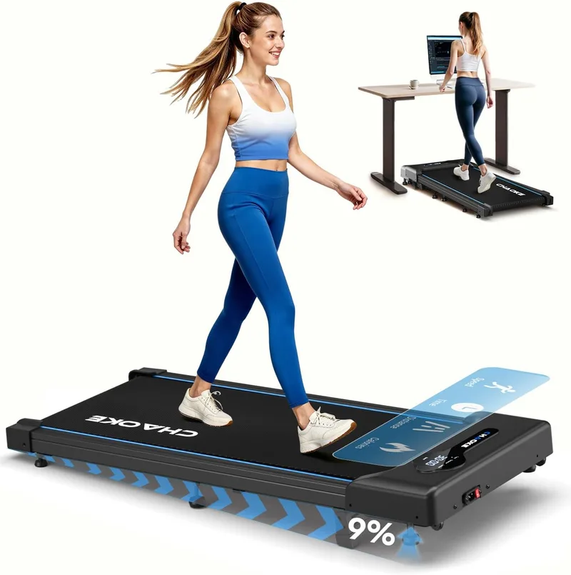 CHAOKE ▫️ Tapete de passeio com 9% de inclinação, 10 km/h Debaixo da secretária, motor silencioso de 2,75 hp, capacidade máxima de 150 kg, com 12 programas HIIT e controlo remoto