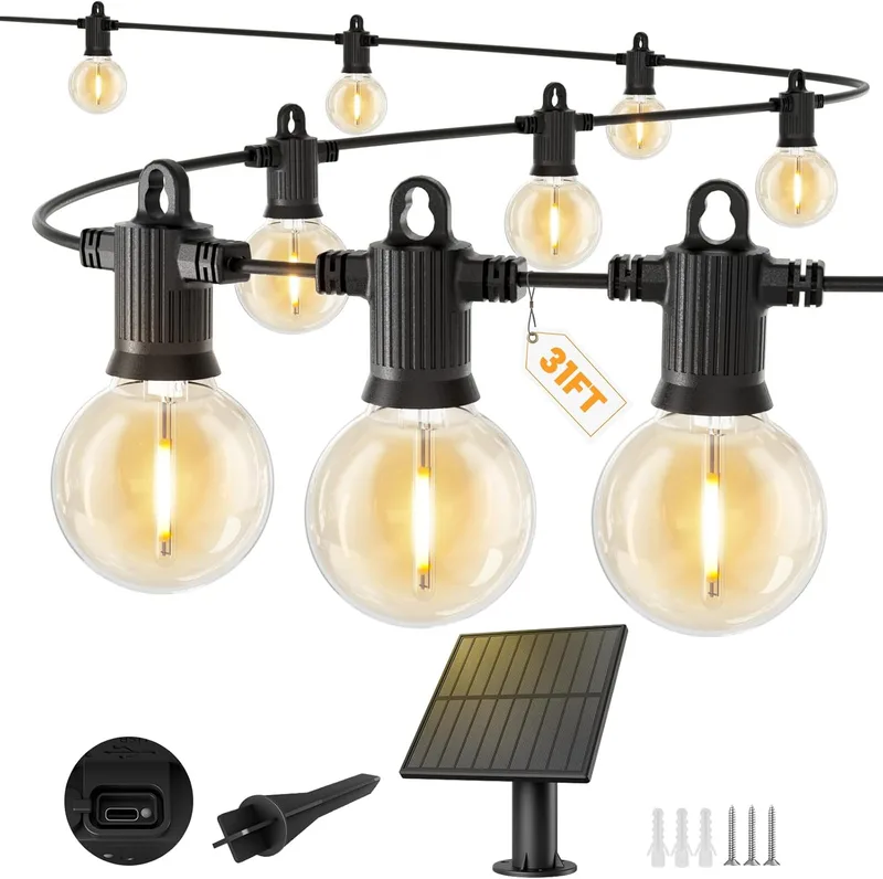 ZOTOYI ▫️ Luzes solares para exterior de 9 m, 10+1 luzes solares LED G40 com painel ajustável e porta USB, para iluminação de varandas e jardins com 4 modos, IP65