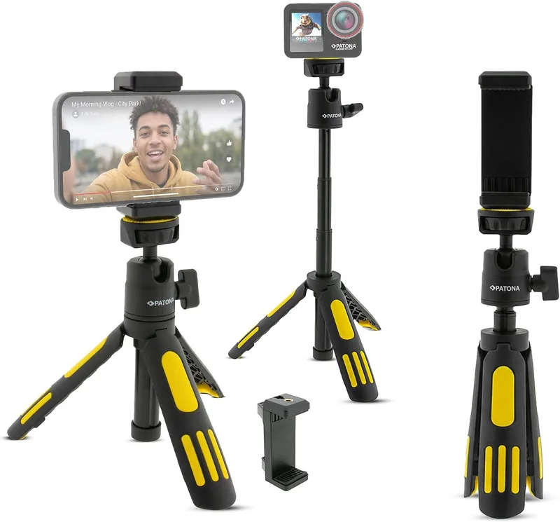 PATONA ▫️ Tripé extensível até 30 cm para smartphone e câmara, com clipe para smartphone, iPhone ou outro tripé para telemóvel, fabricado numa combinação de plástico resistente e alumínio