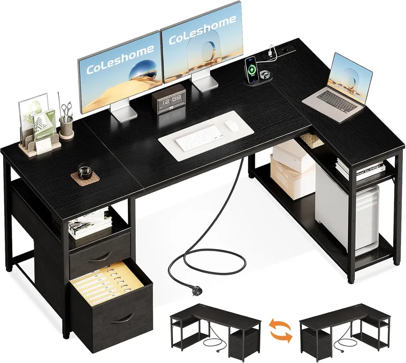 Coleshome ▫️ Secretária de canto com gavetas em tecido, secretária em forma de L de 160x80cm com prateleira reversível, secretária em forma de L com tomadas e portas USB para escritório, trabalhos de casa e jogos, preto