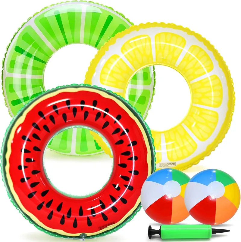 Chennyfun ▫️ Conjunto de 6 anéis insufláveis para crianças e adultos | Com bolas de praia e bombas de ar, com desenhos de melancia e kiwi, brinquedos insufláveis divertidos para a piscina e festas