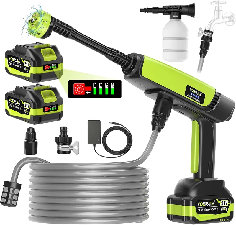 VOERJIA ▫️ Máquina de limpeza a alta pressão a bateria 1000 PSI, pistola de água sem fios com 2 baterias de 4,0 Ah (LED), bocal 6 em 1 para lavagem de carros, fachadas e rega de jardins