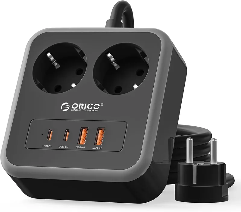 ORICO ▫️ Extensão com tomadas USB-C (20 W PD), Multitoma de secretária com 2 tomadas CA e 4 portas USB (2 USB-C + 2 USB-A), base antiderrapante, cabo de 1,5 m, 2500 W, para teletrabalho, escritório e casa, Preto-APD