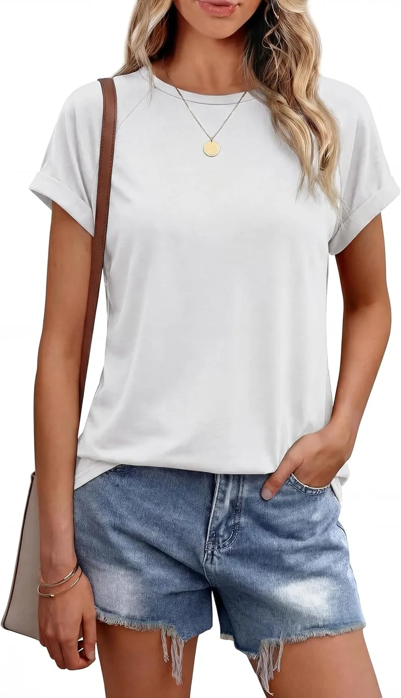 Leversic ▫️ Camiseta feminina lisa de manga curta – Top casual de gola redonda, corte largo, básico de verão, respirável, tamanhos S-XXL