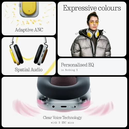Nothing ▫️ Headphone (a) Auscultadores sem fios com arnês, com cancelamento ativo de ruído, até 135 horas de autonomia, Hi-Res, áudio espacial, controlos táteis – Preto 3