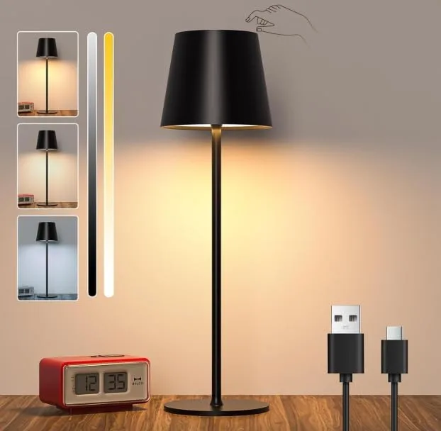 PRIME ESSENTIALS ▫️ Candeeiro de mesa de cabeceira LED preto para quarto Candeeiro de mesa de leitura tátil sem fios I recarregável I 3 modos de luz com brilho e altura ajustáveis.