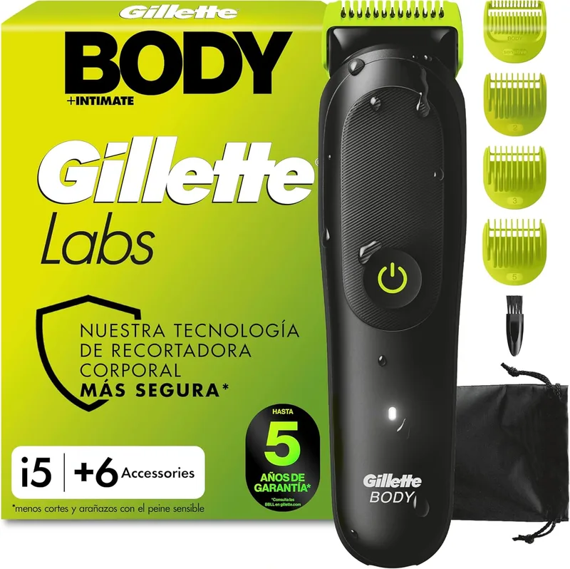 Gillette ▫️ Labs i5 Body + Intimate - Máquina de barbear corporal com 4 pentes e estojo, Preto/Verde - Máquina de barbear corporal masculina à prova de água, tecnologia Skinfirst, recarregável, para barbear o corpo e a zona íntima