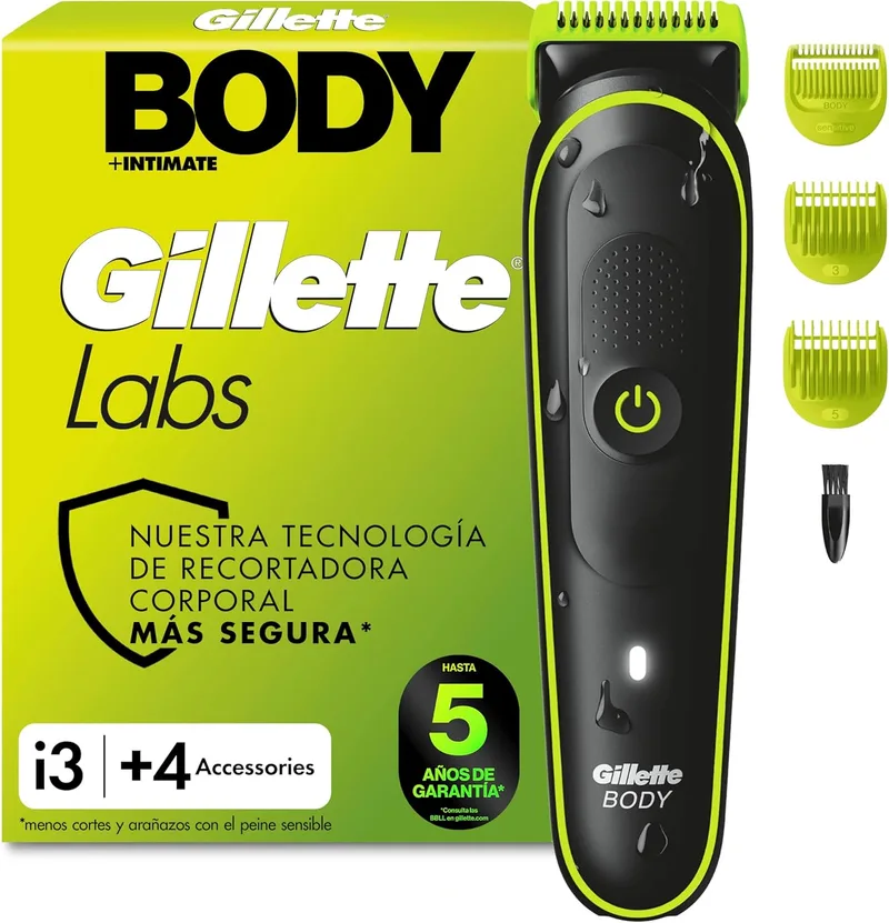 Gillette ▫️ Labs i3 Body + Intimate - Máquina de barbear masculina para o corpo com 3 pentes, Preto/Verde - Máquina de barbear masculina para o corpo à prova de água, tecnologia Skinfirst, 80 minutos de autonomia, para barbear o corpo e a zona íntima