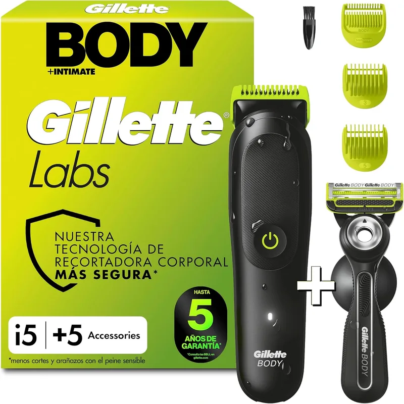 Gillette ▫️ Labs i5 Body + Intimate: Máquina de barbear corporal, acessórios | Depiladora corporal com tecnologia Skinfirst + máquina de barbear corporal, para barbear o corpo e a zona íntima