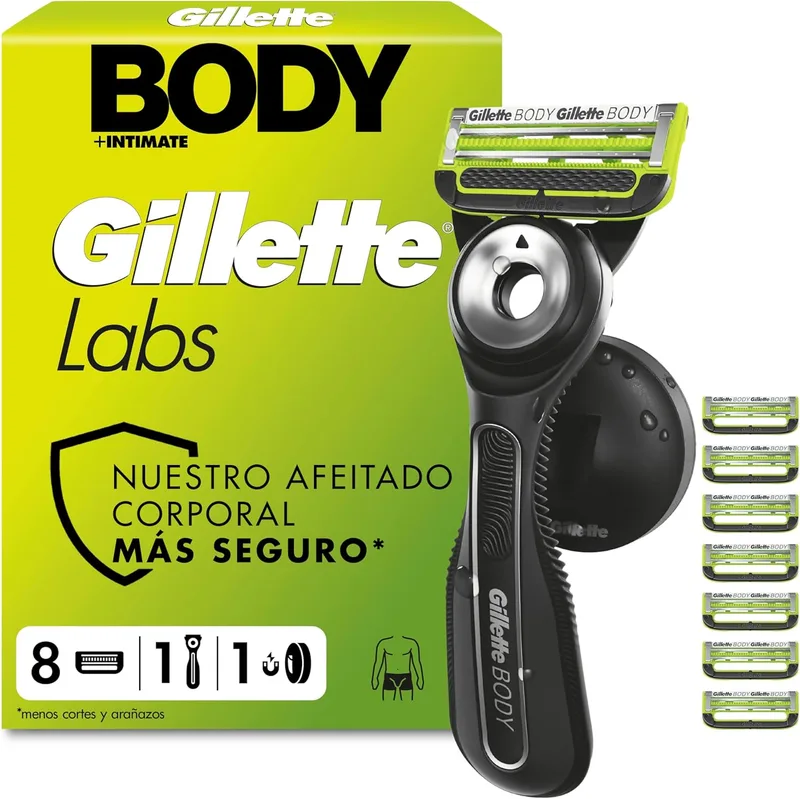 Gillette ▫️ Labs Body + Intimate - Máquina de barbear corporal para homem, 8 lâminas de substituição | Cabo em borracha, lâmina com barra anti-pêlos encravados, suporte magnético, depilação íntima, barbear corporal masculino