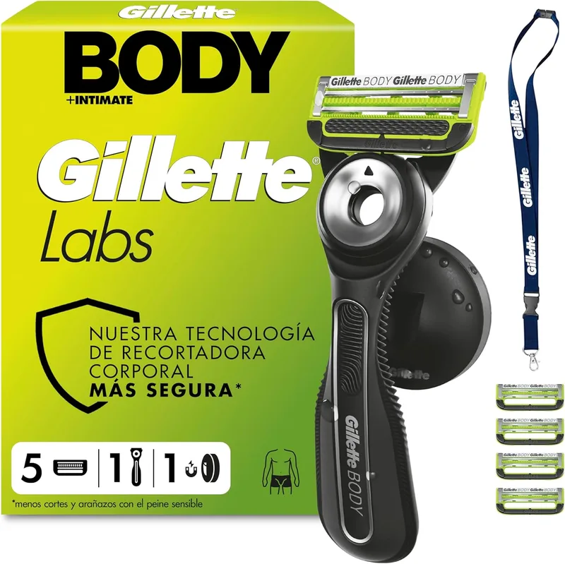 Gillette ▫️ Labs Body + Intimate - Máquina de barbear para o corpo masculino com 5 lâminas de substituição - Cabo em borracha, lâminas com barra anti-pêlos encravados e suporte magnético, depilação íntima e barbear corporal masculino
