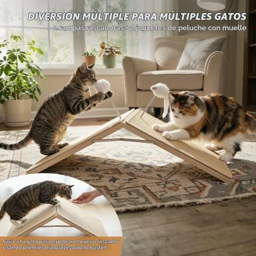Tivray ▫️ Arranhador para gatos, rampa de sisal para arranhar, tabuleiro de madeira dobrável para arranhar com 2 brinquedos de peluche com mola, rampa triangular para gatinhos que protege os móveis, tapete antiderrapante 2