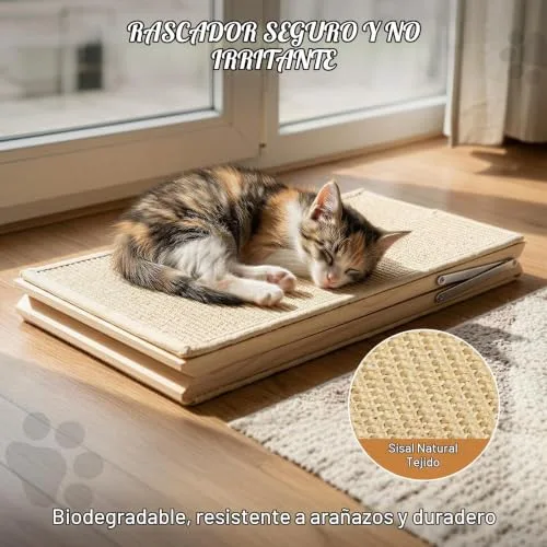 Tivray ▫️ Arranhador para gatos, rampa de sisal para arranhar, tabuleiro de madeira dobrável para arranhar com 2 brinquedos de peluche com mola, rampa triangular para gatinhos que protege os móveis, tapete antiderrapante 3