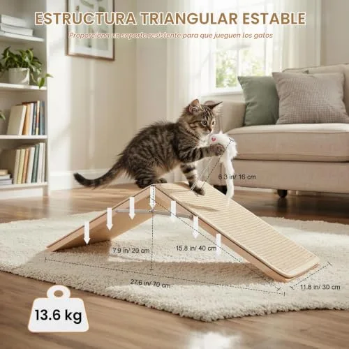 Tivray ▫️ Arranhador para gatos, rampa de sisal para arranhar, tabuleiro de madeira dobrável para arranhar com 2 brinquedos de peluche com mola, rampa triangular para gatinhos que protege os móveis, tapete antiderrapante 4