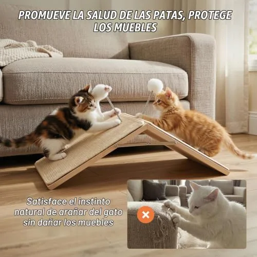 Tivray ▫️ Arranhador para gatos, rampa de sisal para arranhar, tabuleiro de madeira dobrável para arranhar com 2 brinquedos de peluche com mola, rampa triangular para gatinhos que protege os móveis, tapete antiderrapante 5