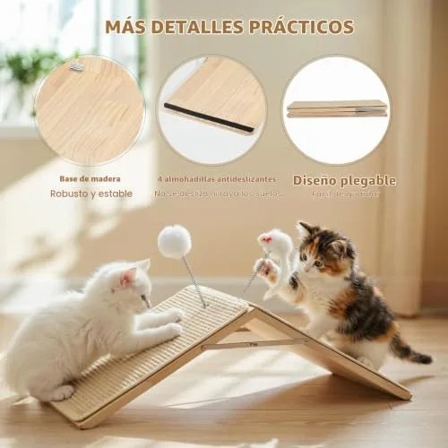 Tivray ▫️ Arranhador para gatos, rampa de sisal para arranhar, tabuleiro de madeira dobrável para arranhar com 2 brinquedos de peluche com mola, rampa triangular para gatinhos que protege os móveis, tapete antiderrapante 6