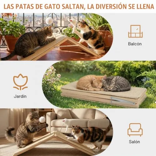 Tivray ▫️ Arranhador para gatos, rampa de sisal para arranhar, tabuleiro de madeira dobrável para arranhar com 2 brinquedos de peluche com mola, rampa triangular para gatinhos que protege os móveis, tapete antiderrapante 7
