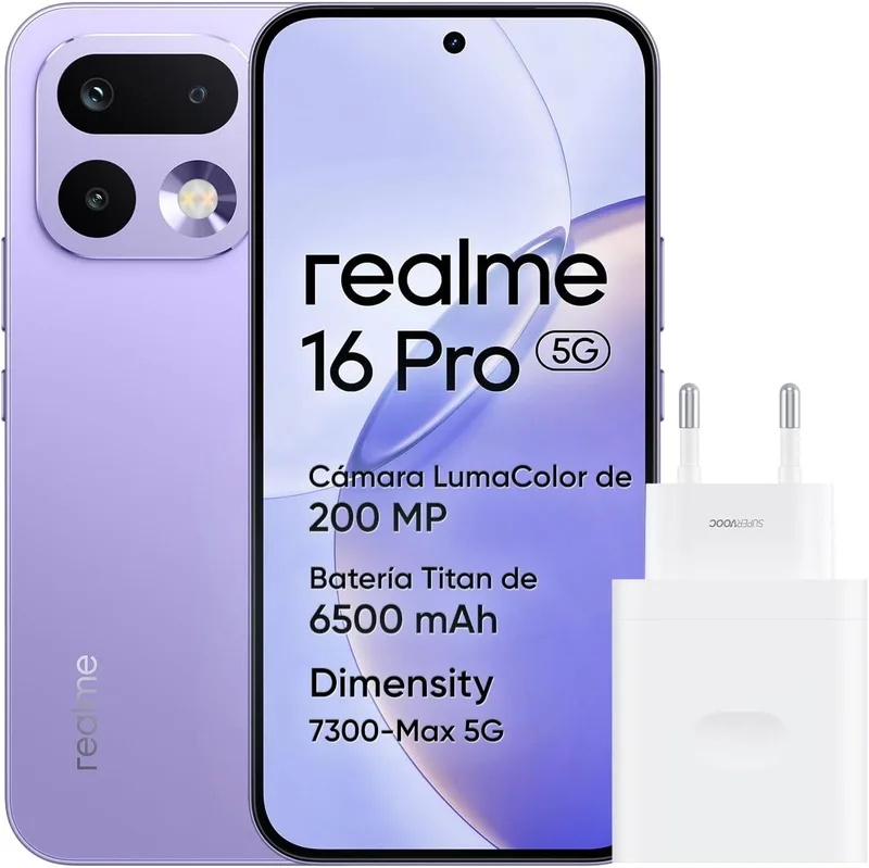 realme ▫️ Smartphone 16 Pro 5G, 8 GB + 256 GB, Ecrã AMOLED de 6,78" a 144 Hz, bateria de 6500 mAh, câmara de 200 MP com OIS, IP69K, carregamento rápido de 45 W, Dual SIM, Next AI, Violeta (com adaptador)
