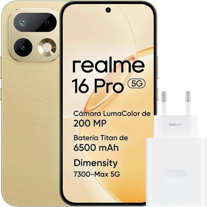 realme ▫️ Smartphone 16 Pro 5G, 8 GB + 256 GB, Ecrã AMOLED de 6,78" a 144 Hz, bateria de 6500 mAh, câmara de 200 MP com OIS, IP69K, carregamento rápido de 45 W, Dual SIM, Next AI, dourado