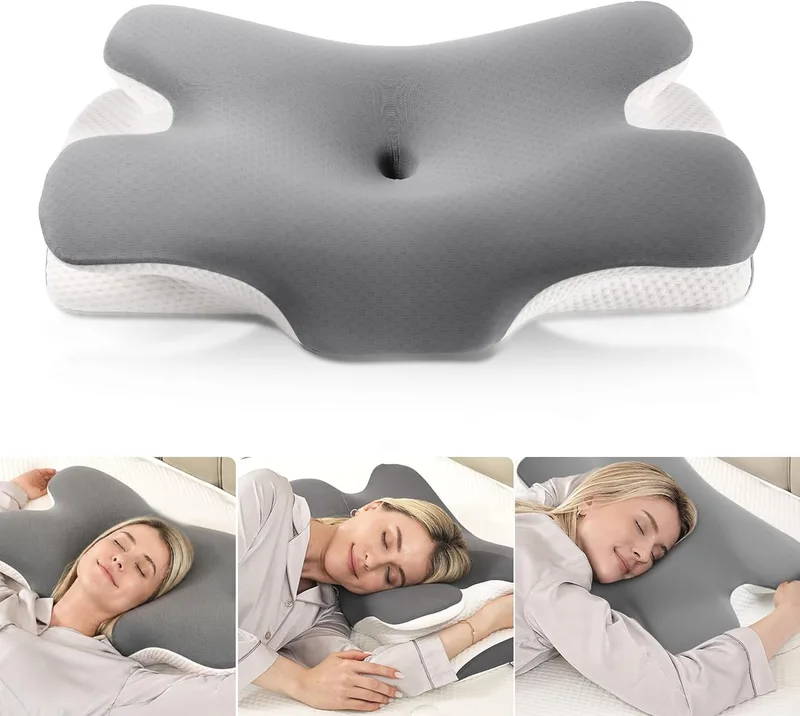 MULISOFT ▫️ Almofada Cervical e para o Pescoço, Almofada Cervical de Espuma Viscoelástica, Almofada Ergonómica 2 em 1 em Forma de Borboleta para Dormir de Lado, de barriga para cima e de barriga para baixo, 67x36x10/12 cm, P-105 Cinza