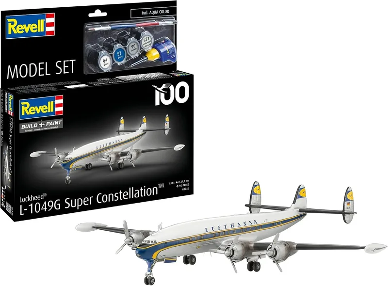 Revell ▫️ 63745 Lockheed L.1049G Super Constellation Luf, escala 1:144. Kit de modelo em plástico para montar e pintar, com acessórios