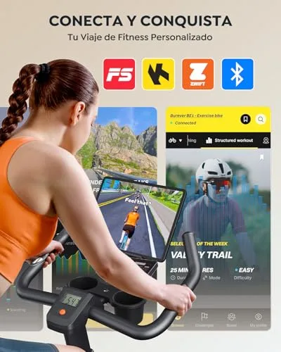 Burever ▫️ Bicicleta estática para uso doméstico com aplicação, bicicleta estática silenciosa com resistência magnética de 0 a 100%, ecrã LCD, suporte para halteres e porta-copos, volante de 15 kg, peso máximo de 160 kg, verde 2