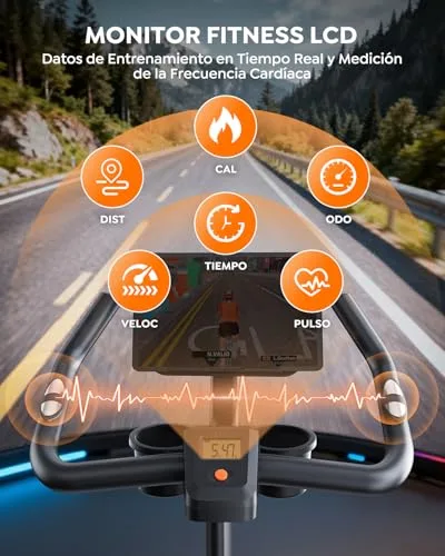 Burever ▫️ Bicicleta estática para uso doméstico com aplicação, bicicleta estática silenciosa com resistência magnética de 0 a 100%, ecrã LCD, suporte para halteres e porta-copos, volante de 15 kg, peso máximo de 160 kg, verde 3