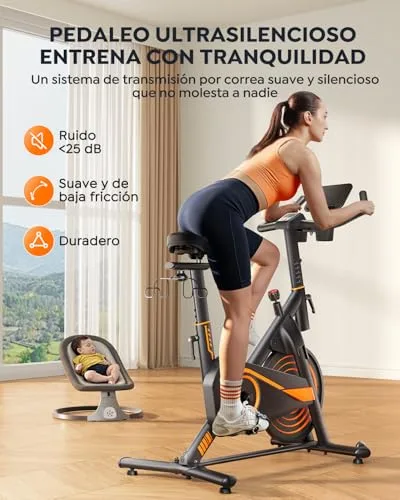 Burever ▫️ Bicicleta estática para uso doméstico com aplicação, bicicleta estática silenciosa com resistência magnética de 0 a 100%, ecrã LCD, suporte para halteres e porta-copos, volante de 15 kg, peso máximo de 160 kg, verde 5
