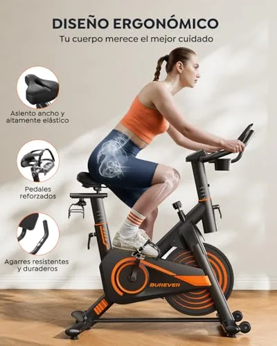Burever ▫️ Bicicleta estática para uso doméstico com aplicação, bicicleta estática silenciosa com resistência magnética de 0 a 100%, ecrã LCD, suporte para halteres e porta-copos, volante de 15 kg, peso máximo de 160 kg, verde 6