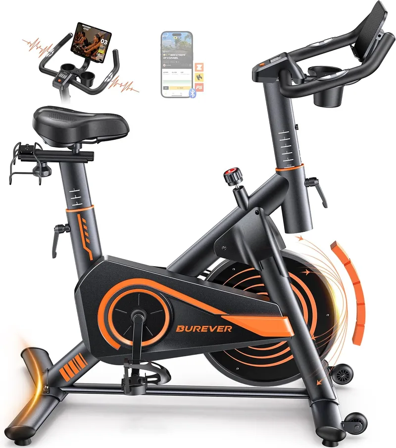 Burever ▫️ Bicicleta estática para uso doméstico com aplicação, bicicleta estática silenciosa com resistência magnética de 0 a 100%, ecrã LCD, suporte para halteres e porta-copos, volante de 15 kg, peso máximo de 160 kg, verde